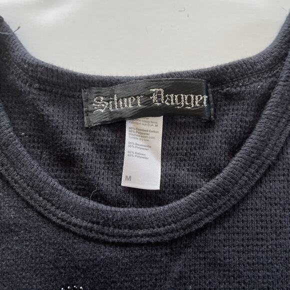 Vtg Y2K Black Crystal Embellished Bedazzled Silver Dagger Longsleeve Thermal Top - Picture 4 of 6